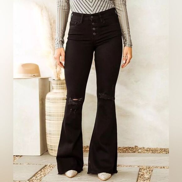 Vervet High Rise Black Distressed Super Flare Raw Hem Stretch Jeans Size 26 - Picture 1 of 8